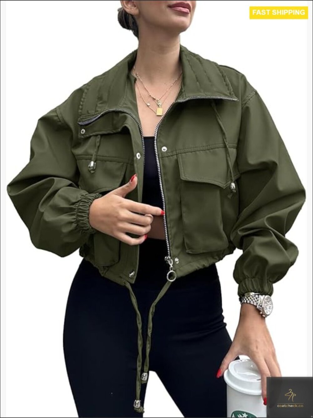 Cropped Zip Up Jacket Lightweight Oversized Utility Anorak Coat Pockets